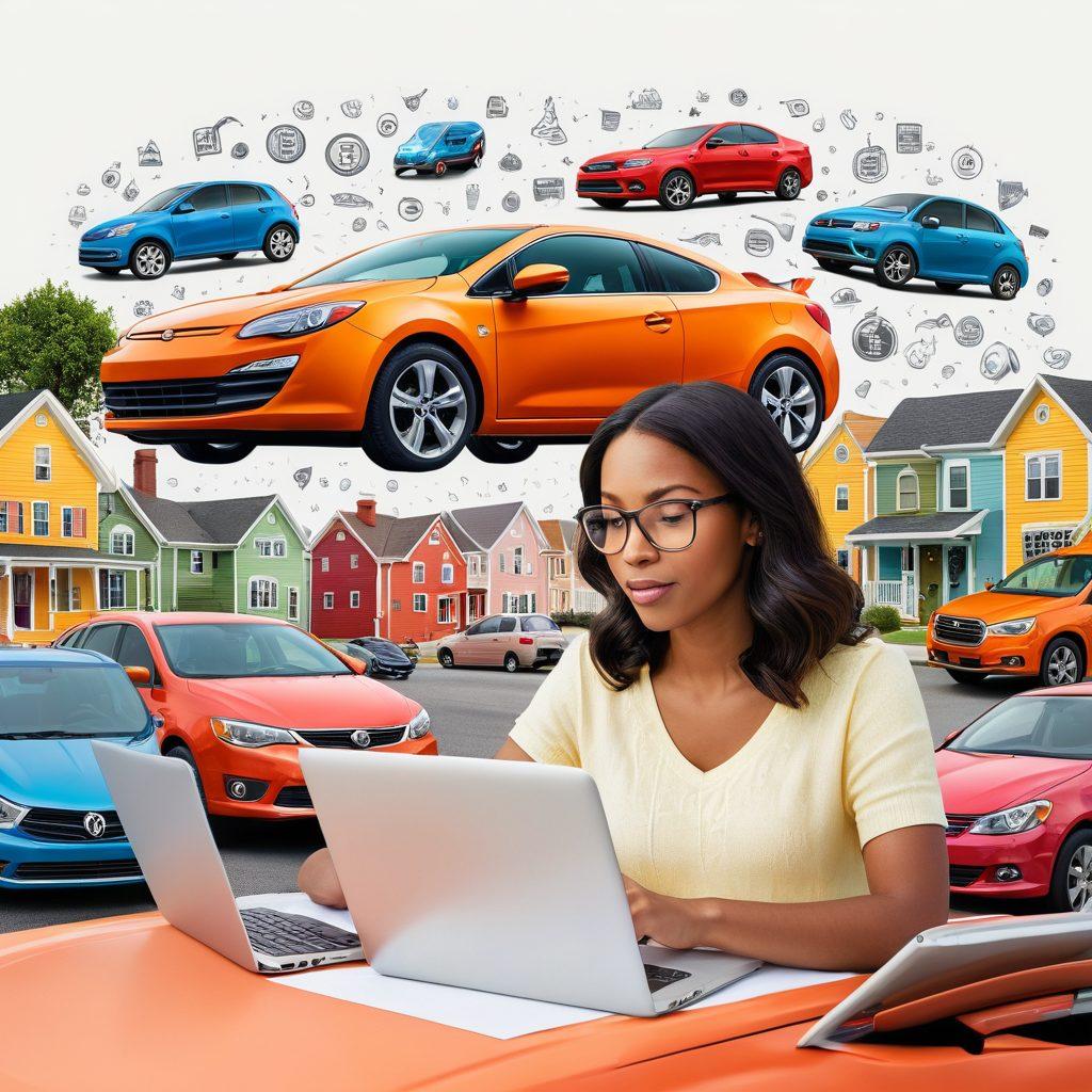 A collage depicting a confident person reviewing a car insurance policy with a laptop, surrounded by icons representing essential coverage options, a checklist for claims, and a piggy bank for savings strategies, set against a backdrop of a neighborhood with parked cars. The image should convey empowerment and knowledge. super-realistic. vibrant colors. white background.