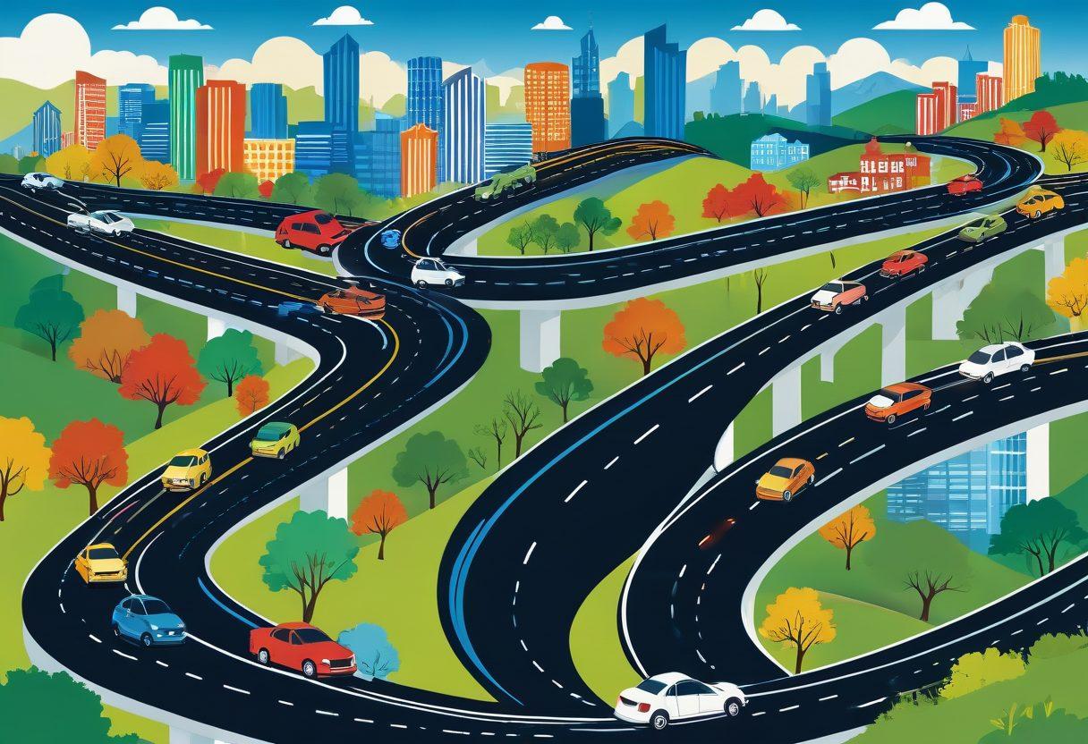 A detailed roadmap unfolding across a landscape filled with various vehicles, each symbolizing different aspects of auto liability and vehicle protection. Incorporate vibrant icons representing insurance benefits and legal safety measures scattered along the route. Showcase a mix of urban and rural settings to reflect diverse driving environments. The sky should be bright, symbolizing hope and security in vehicle ownership. vibrant colors. vector art.