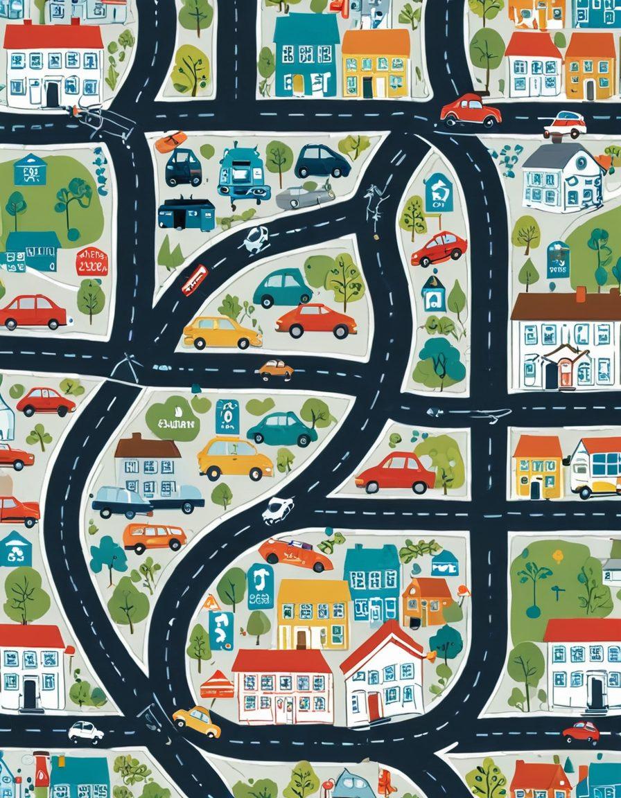 An intricate road map filled with various auto insurance symbols like keys, cars, and shields, winding through a vibrant cityscape. The path highlights coverage options and cost-saving tips, with road signs pointing to claims assistance, and friendly agents. Bright colors to evoke optimism and clarity, with a modern, informative look. vector art. vibrant colors. white background.